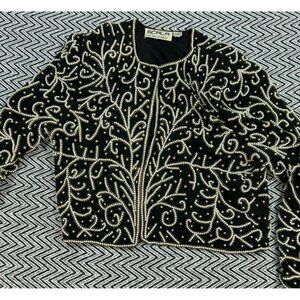 Vintage Scala Black & Gold Beaded Silk Jacket With Pearl Embellishments XL